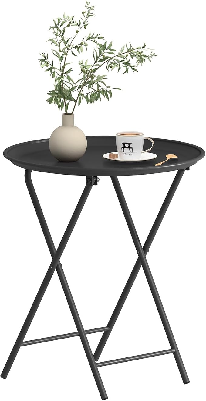 Garden 4 you Folding TV Tray Table, Metal Round Side Table, Black Dinner Table with Metal Frame, Modern Outdoor Tray Table for Living Room, Bedroom, Patio & Small Spaces, 1 Pack