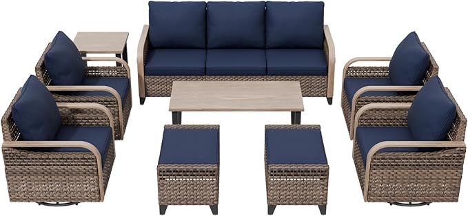 COOS BAY Modern Wicker Outdoor Furniture Set, 9 Piece Patio Conversation Set with 4 Swivel Rockers, a 3 Seat Couch, 2 Ottomans, Coffee Table & Side Table, 9 Piece, Brown/Blue