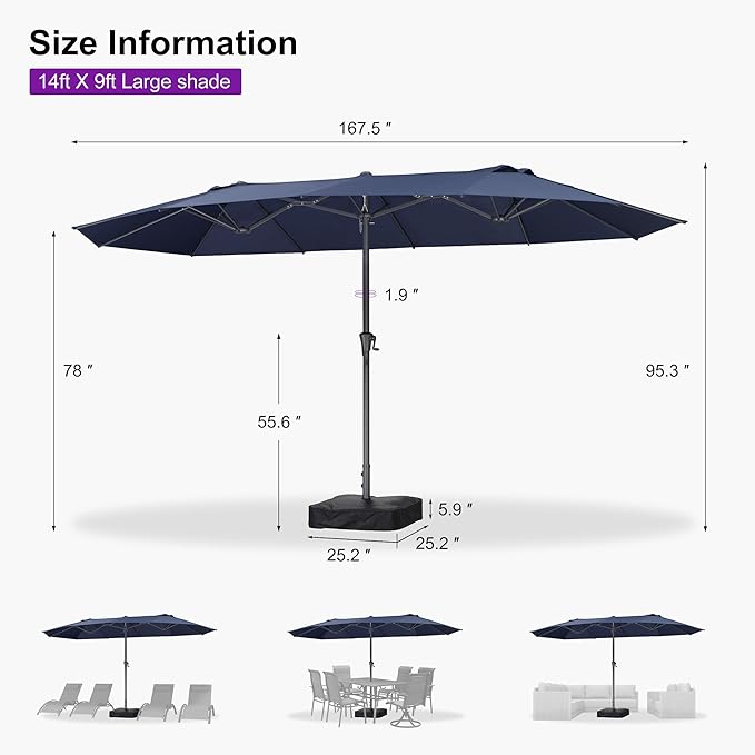PURPLE LEAF 14ft Patio Market Umbrella Outdoor Double-Sided Umbrella with Base and Crank Rectangle Table Umbrella for Pool Deck Garden, Navy blue