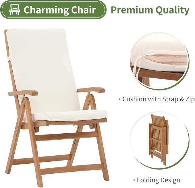 OC Orange-Casual 7 Piece Patio Dining Set, Outdoor Acacia Wood Furniture Set w/Extendable Rectangular Table and 6 Foldable Reclining Chair, Solid Wood, for Deck Garden Backyard, Beige