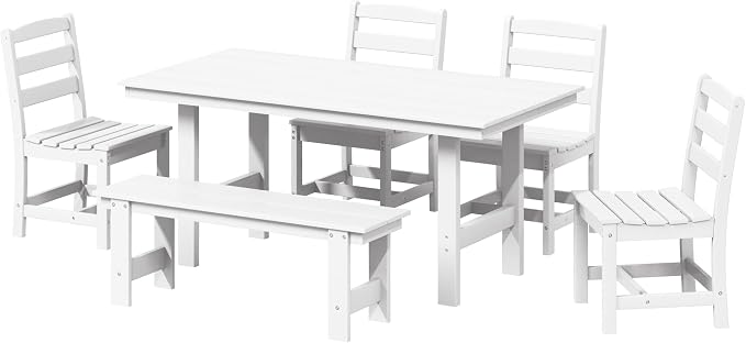 Costaelm Palms 6-Piece Outdoor HDPE Patio Dining Table Set with Bench, White