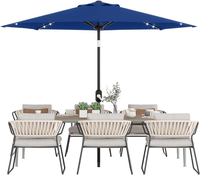 GarveeLife 10 ft Patio Umbrella with Solar Lights, 8 Ribs Outdoor Market Table Umbrella with 40 LED Lights & Tilt Crank for Pool, Deck, Backyard, Navy Blue