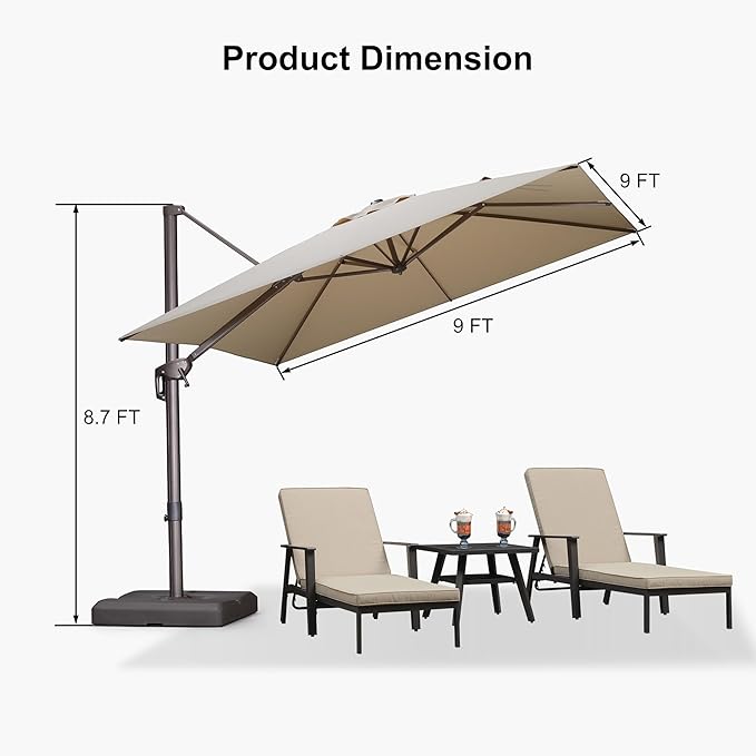 PURPLE LEAF 9' X 9' Patio Umbrella With Base Antique Bronze Square Cantilever Umbrella Outdoor with 360° Rotation and Aluminum Offset Hanging for Pool Deck Garden Backyard, Beige