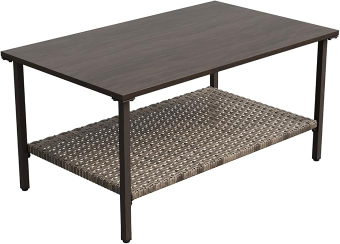 COOS BAY Aurora Terrace Outdoor Coffee Table, 2 Tier Metal Patio Table with Storage, Wood Grain Top Garden Side Table, All Weather Wicker Furniture
