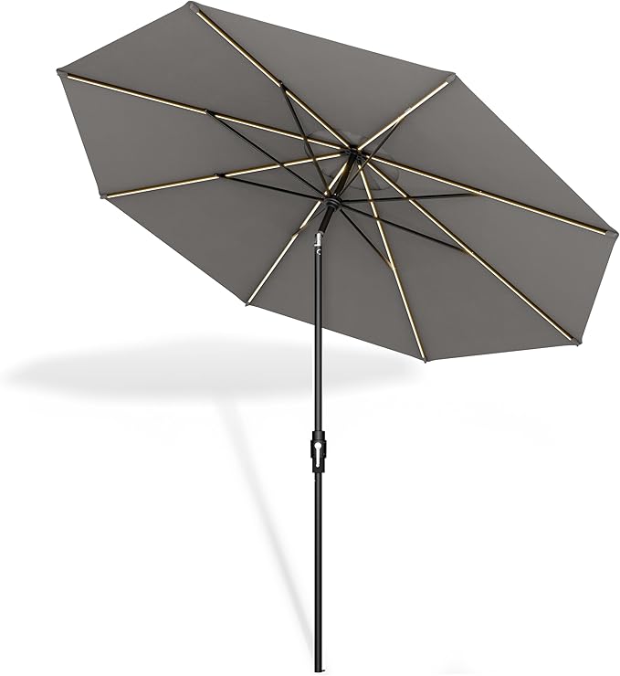 Midtown Umbrellas The LED Swilt 10 Feet Patio Umbrella With Terylast Charcoal Grey Polyester Fabric - Auto-Tilt Aluminum Frame With LED Lights For Backyard, Deck, Garden, Pool - Black Pole