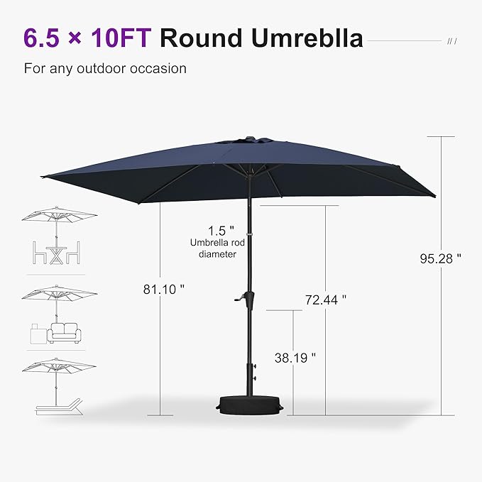 PURPLE LEAF 6.5' x 10' Rectangular Patio Umbrella Outdoor Table Umbrella Aluminum Frame Market Umbrella Sun Umbrella for Garden Deck Lawn Pool Navy Blue
