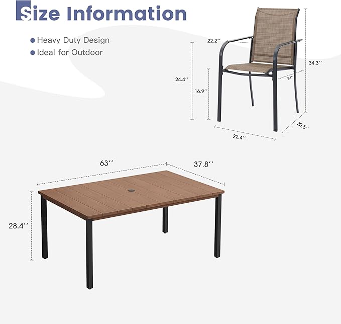 VICLLAX 7 Pieces Patio Dining Set, Patio Furniture Set of 6 Patio Stackable Dining Chairs and Outdoor Metal Table with Umbrella Hole for Backyard Lawn Garden, Brown Chairs and Walnut Table