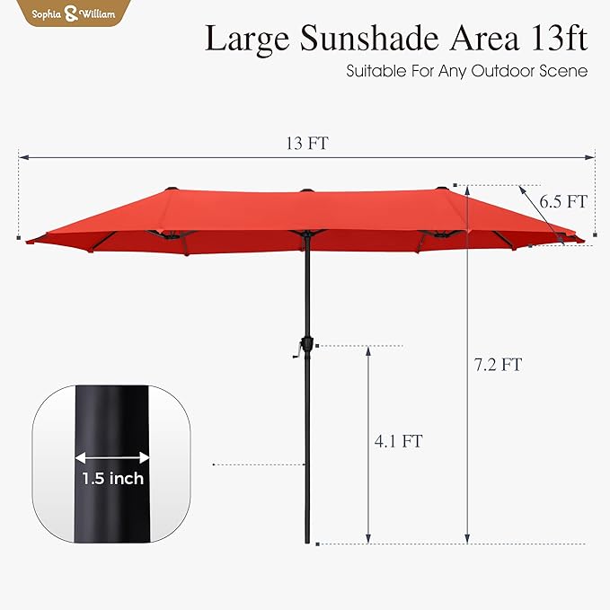 Sophia & William 13ft Outdoor Patio Umbrella for Table, Large Double-sided Umbrella for Garden, Deck, Pool, Orange Red