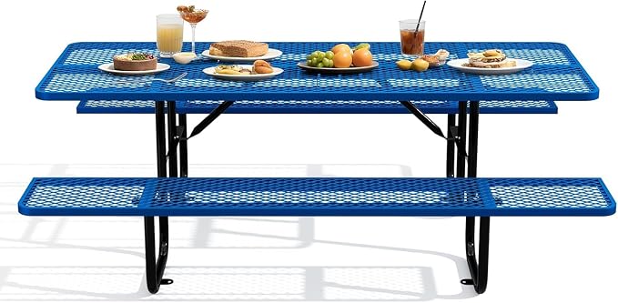 72" Coated Round Metal Picnic Table for 4-6 Person, Durable Heavy Duty Commercial Picnic Table with Umbrella Hole for Outdoor Coffee Shop, School, Easy to Install, Blue