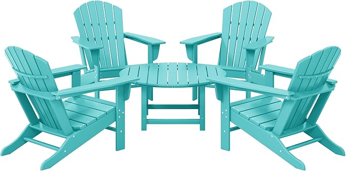 Costaelm Patio Conversation Set, Outdoor Chairs Set of 5 Balcony Firepit Furniture Outdoor Adirondack Round Table and Chair Backyard Furniture Set for Lawn Porch Pool Garden, Turquoise
