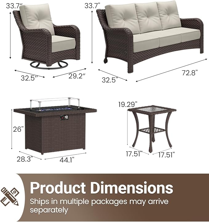 5 Pieces Outdoor Furniture Set with 6-inch Cushions, High Back Wicker Swivel Rocker Chairs with Fire Pit Table, Luxury Conversation Set for Deck Patio and Poolside