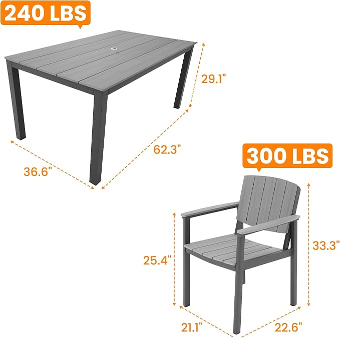 Outdoor Dining Chairs Set of 2, Aluminum Patio Dining Chairs with Armrest for Ergonomic Design, Aluminum Frame HDPS Faux Wood, All Weather Outdoor Furniture for Garden and Indoor Grey
