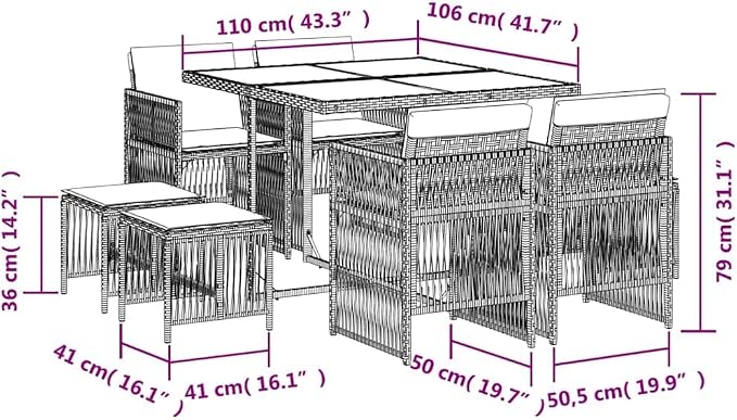 9 Piece Outdoor Dining Set Black and Cream Rattan Patio Furniture Set with Rectangular Table Chairs and Stools Space Saving Garden Conversation Set for 8 People