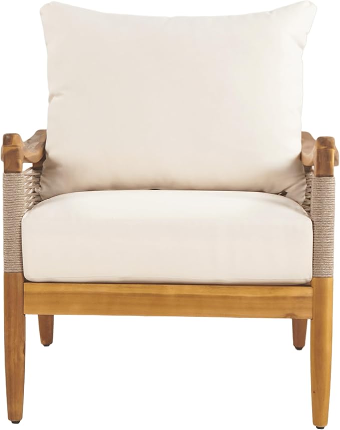 Merax 5-Piece Acacia Wood Patio Set with Rope Seats & Cushions | Teak-Finish Acacia Frame, Beige Woven Rope, Deep Seating Cushions And Coffee Table For Porch, Garden Or Backyard
