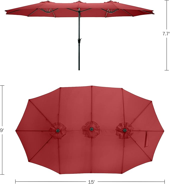 Extra Large Outdoor Umbrella - 15 Ft Double Patio Shade with Easy Hand Crank for Outdoor Furniture, Deck, Backyard, or Pool by Pure Garden (Red)