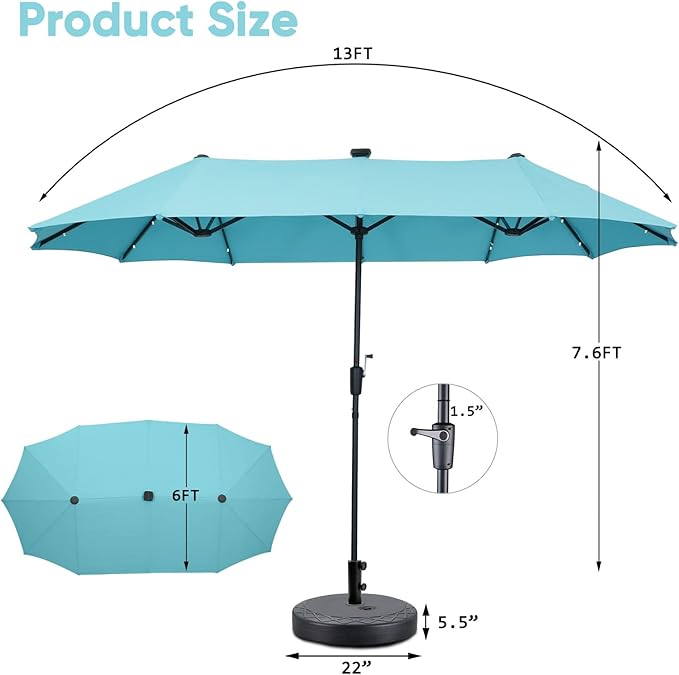13Ft Large Patio Umbrella with Base Outdoor Double-Sided Market Extra Large Table Umbrella With Solar Lights Easy Crank for Yard, Poolside, Deck-Blue