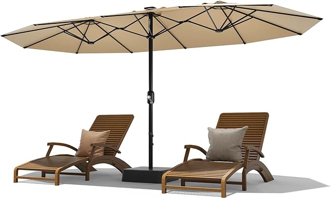 15FT Large Patio Umbrella with Base Included, Outdoor Double-Sided Rectangle Market Umbrella with Crank Handle for Pool, Lawn, Garden, Backyard, Beige
