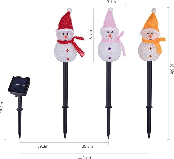 Solar Christmas Pathway Lights Outdoor Decorations, Set of 3 LED Snowman Stake Lights, Waterproof Walkway Landscape Light for Yard, Garden, Winter Decor (Red/Pink/Yellow Snowman, 3-Pack)