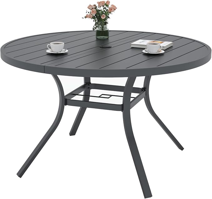 Outdoor Patio 48" Round Table and Aluminum Chairs Dining Set 7 for 6 Person | Aluminum Frame Chairs, Resin Chair Seat, Resin Chair Back, 6 Piece Stackable Chairs, 1 Piece Black Metal Table, 6 Person Set