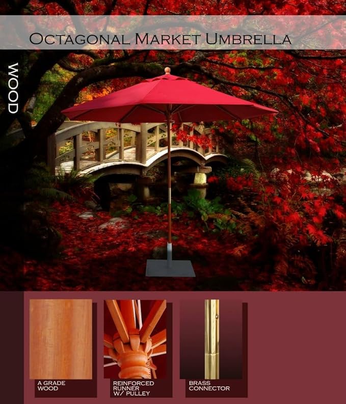 9' Octagonal Wooden Market Umbrella with Pulley System, Wood Frame, Maple Handle, Acrylic Canopy, UV Blocking, Patio Use