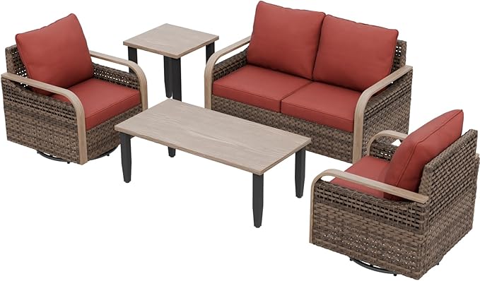 EAGLE PEAK Modern Wicker Outdoor Patio Furniture Set, Patio Conversation Set, 2 Swivel Rocking Chairs, 2-Seat Loveseat, Coffee Table and Side Table, 5 Pieces, Brown/Red