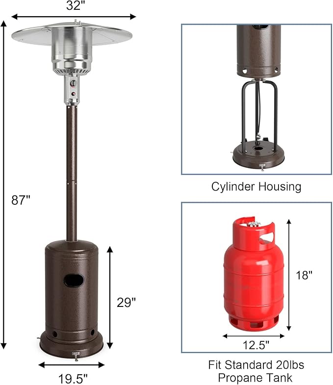 COSTWAY Outdoor Patio Heater, 50000 BTU Propane Heater with Stainless Steel Burner and Wheels, Triple Protection System, Standing Portable Outside Heater for Porch, Deck, Home and Commercial, Bronze
