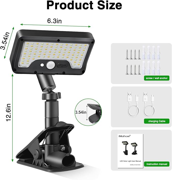 iMaihom Clip On Solar Lights Outdoor with Motion Sensor, 92 LED 600LM Solar Fence Lights, Warm/Neutral/Cool White, 360° Adjustable, IP65 Waterproof Security Light for Deck, Gutter, Porch (4, Black)
