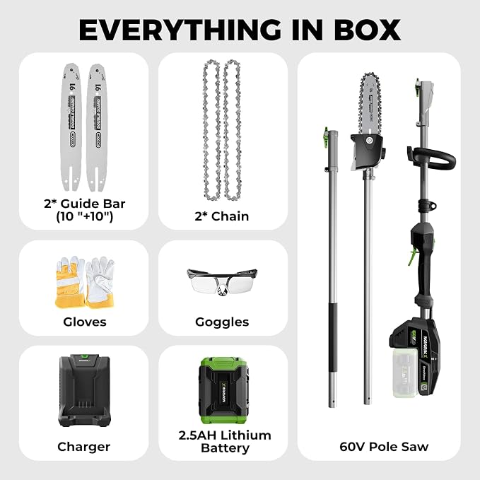 15-FT Cordless Pole Saw 60V Electric Power PoleSaw for Tree Trimming With Pole 10" Cutting Power Max Reach 2.5AH Battery