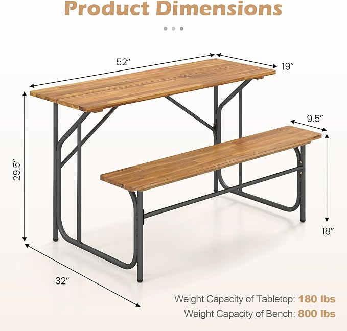Tangkula Patio Dining Bench Set for 4, Heavy-Duty Outdoor Acacia Wood Dining Furniture with Metal Legs for Balcony, Backyard, Poolside, Garden (2,52” x 32” x 29.5”)