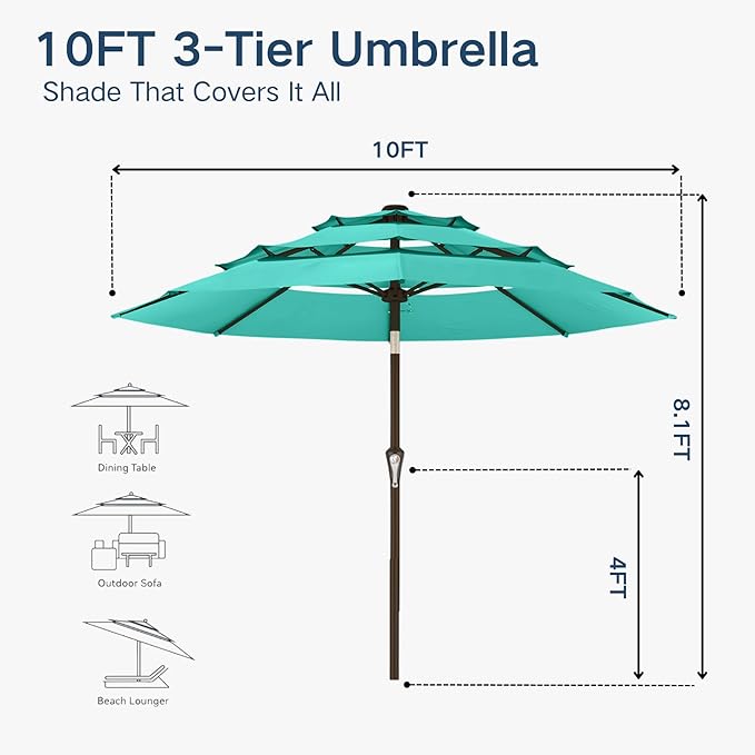 10FT Patio Umbrella 3 Tiers Outdoor Market Umbrella w/Push Button Tilt, Crank, UV and Waterproof Table Umbrella for Garden, Pool, Backyard, Deck, Lawn, Turquoise Blue