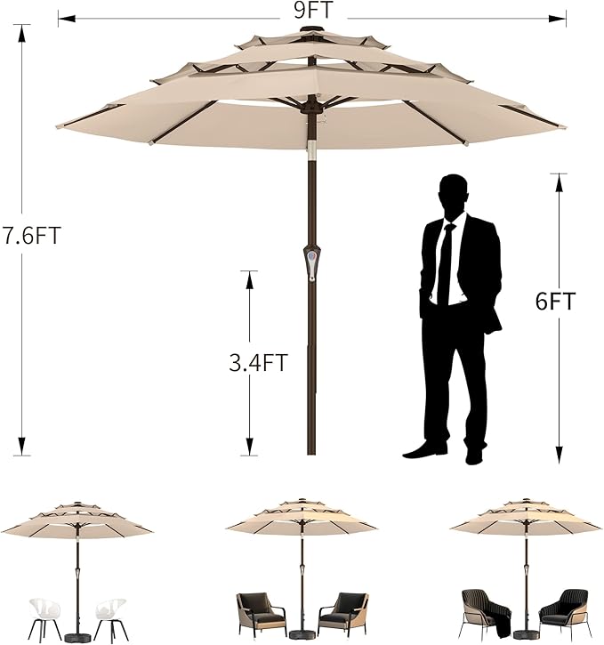 Ayge 9FT 3-Tier Large Outdoor Patio Umbrella Market Table Umbrella-UV Resistant,Easy Push Button Tilt and Crank,8 Sturdy Fiberglass Ribs Heavy-Duty Pool Umbrella for Deck,Backyard,Garden,Yard,Beige