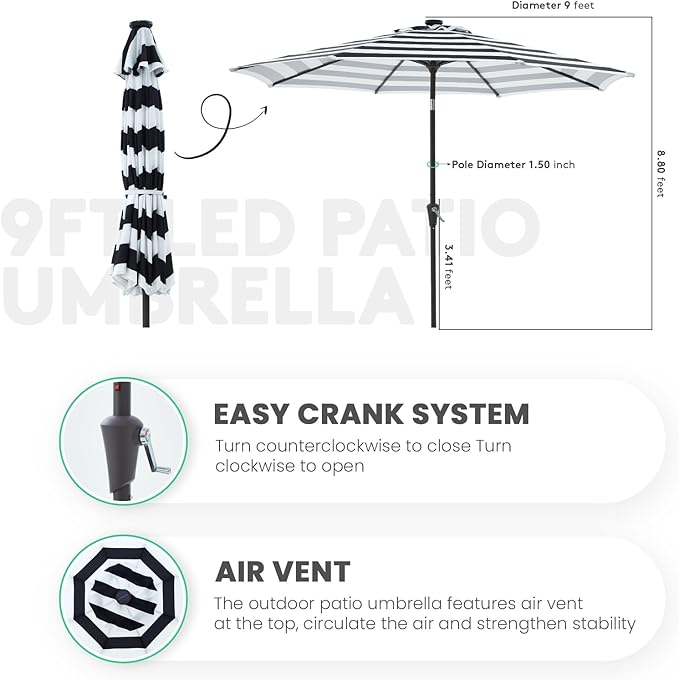 JEAREY 9FT Outdoor Patio Umbrella with Solar Lights, LED Lighted Pool Umbrella with Tilt and Crank, Outdoor Table Umbrellas for Deck, Yard & Market (Black & White Stripe)