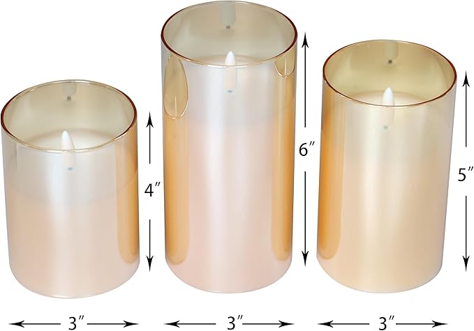 CANDLE CHOICE Real Wax Battery Operated Flameless Pillar Candles with Remote Timer Gold Glass Shell Realistic Black Wick Flickering Electric LED Lights Wedding Halloween Christmas Decorations 3 Pack