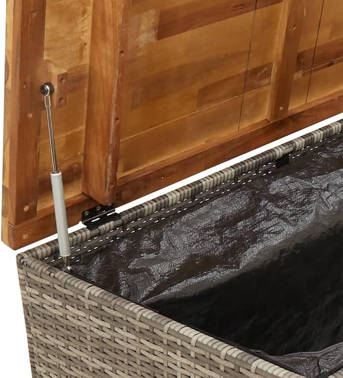 Patio Garden Storage Box, Outdoor Storage Box Deck Box, Entryway Storage Box with Seat for Patio Garden Balcony Yard, Gray 43.3"x21.7"x24.8" Poly Rattan Acacia Wood,-350