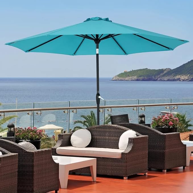 Tempera Striped Patio Umbrellas Outdoor Table Market Umbrellas with Crank & Pust Button Tilt|Auto-Tilt, 8 Steel Ribs, High Color-Fastness Canopy