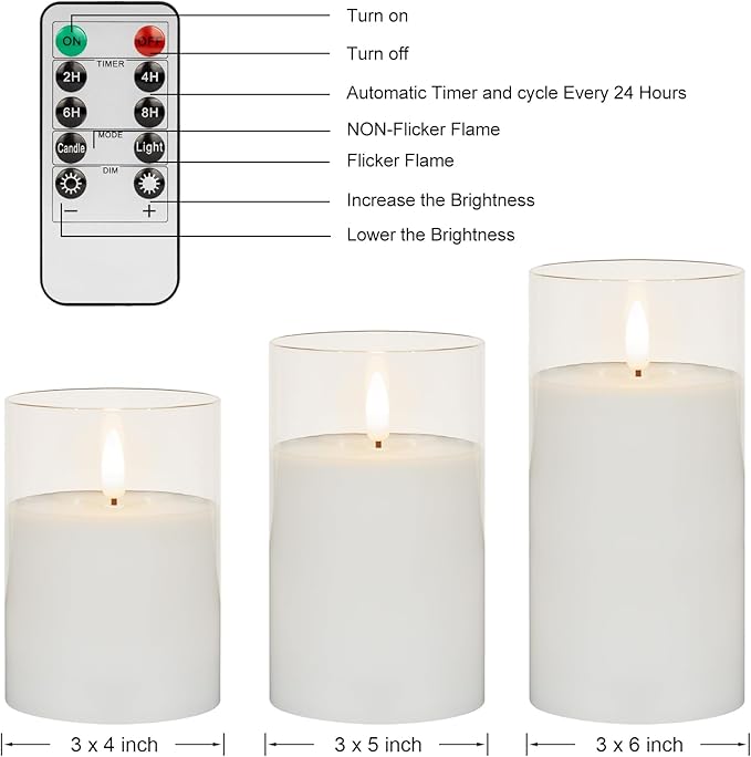ANGELLOONG Glass Flameless Candles with Remote, White Battery Operated Candles with Timer, Electric Fake LED Candles for Bedroom Farmhouse Bathroom Coffee Table Decor, Clear