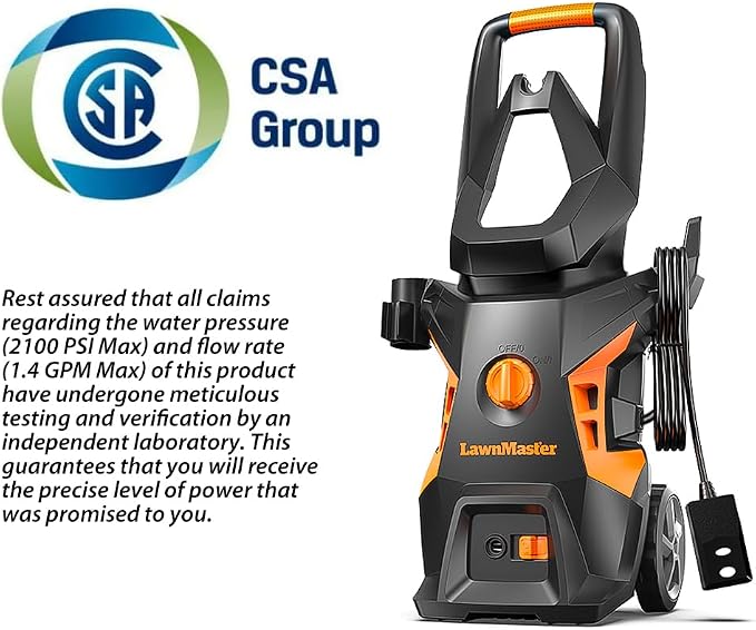 LawnMaster LT306-1800C Electric Pressure Washer 13 Amp 1.4 GPM 2100 Max PSI CSA Certified with Foam Bottle