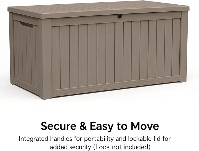 149 Gallon Resin Outdoor Storage Box, Waterproof Deck Box with Lockable Lid, Outside Storage Box for Patio Furniture, Pool Accessories, Garden Tools, Storage Bench for Backyard, Porch, Gray Brown
