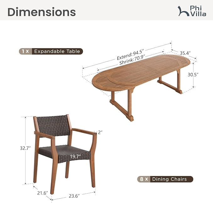 PHI VILLA Outdoor Dining Set for 8, Expandable Acacia Wood Table & Chairs | 9pc teak patio furniture set. Large farmhouse set for deck, porch, backyard