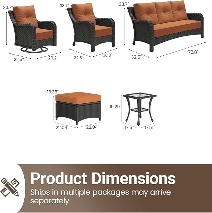 9 Pieces Outdoor Furniture Set with 6-inch Cushions, High Back Wicker Swivel Rocker Chairs with Coffee Table, Luxury Conversation Set for Deck Patio and Poolside