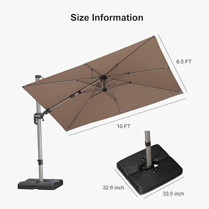 PURPLE LEAF 10' X 6.5' Left-right Tilting Patio Umbrella with Base Outdoor Swivel Cantilever Offset Aluminum Umbrella with Champagne Frame and 360-degree Rotation for Garden Deck Pool, Taupe