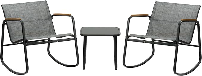 Kozyard 3 Piece Rocking Chair Set, Outdoor Rocking Textilene Bistro Set with Wooden Armrests, Outdoor Patio Furniture Set with Glass Table for Lawn, Porch, Yard, Garden, Balcony, Poolside Gray