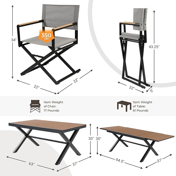 Grand patio 11-Piece Outdoor Dining Set, 10 Extra-Wide Folding Chairs & 1 Rectangle Expandable Table, Sling Mesh Patio Chairs with Wood Grain Table for Yard, Poolside, Deck, 8 Gray and 2 Apricot