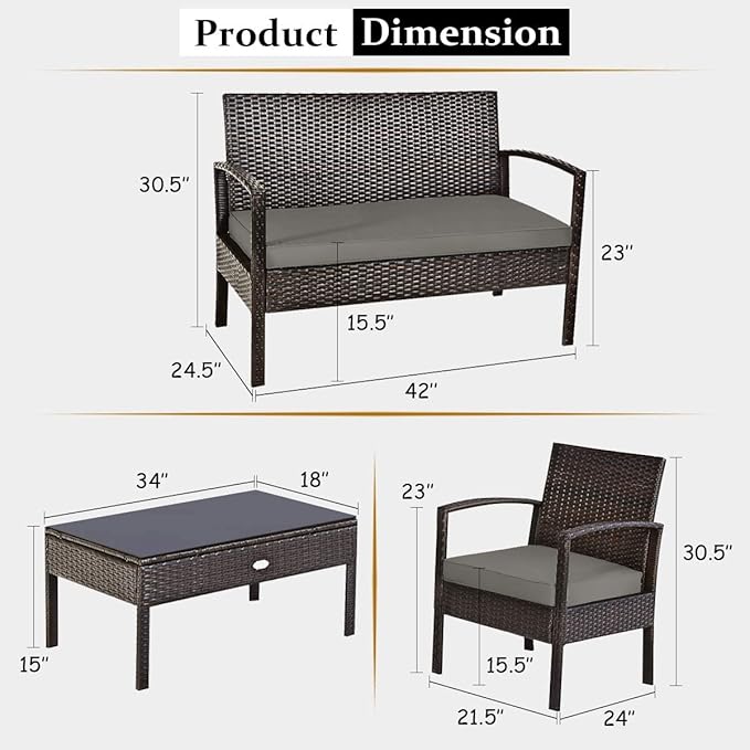 HAPPYGRILL 8-Piece Patio Furniture Set, Garden Pool Lawn Rattan Wicker Conversation Set, Loveseat Sofa Cushioned Seat & Glass Top Coffee Table
