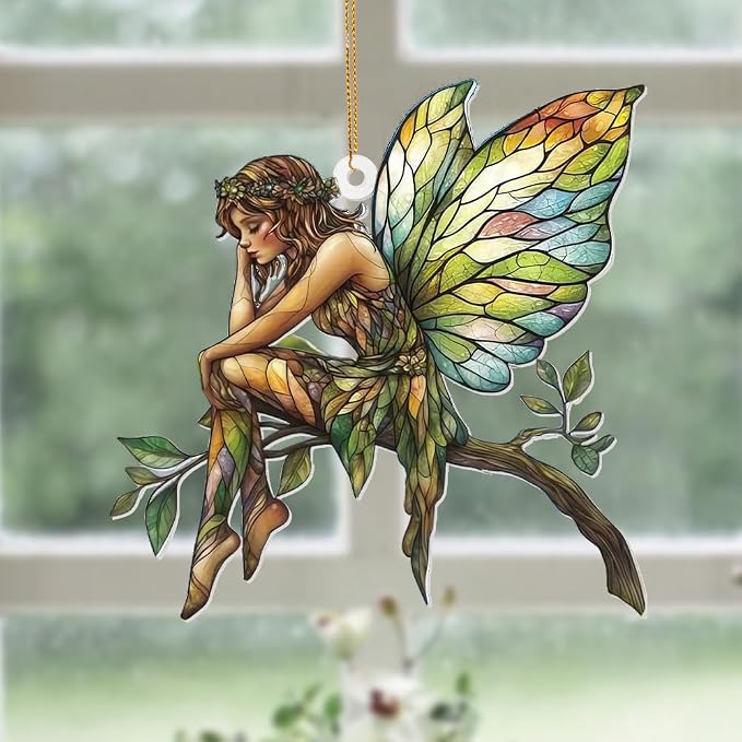 Stained Glass Fairy Ornament – Acrylic Suncatcher Window Hanging, Woodland Fantasy Decor, Christmas Tree Ornament 2026, Car Rearview Mirror Charm, Gift for Fairy Lovers, Women, Girls, Teachers(Sun-10)