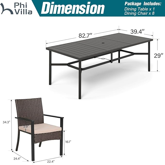 PHI VILLA 9 Pieces Outdoor Dining Set for 8, 83" Long Rectangle Wrought Iron Table with Umbrella Hole & Cushioned Wicker Chairs, Large Furniture for Patio, Deck, Backyard, Porch