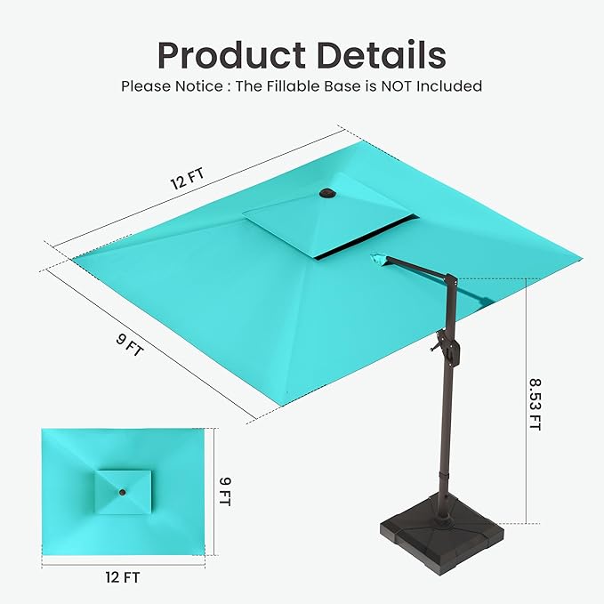 9x12 FT Cantilever Patio Umbrella with Led Lights Double Top Outdoor Rectangular Large Heavy Duty Aluminum Offset Umbrellas with 7 Level Tilt 360-degree Rotation for Pool Garden Deck, Turquoise