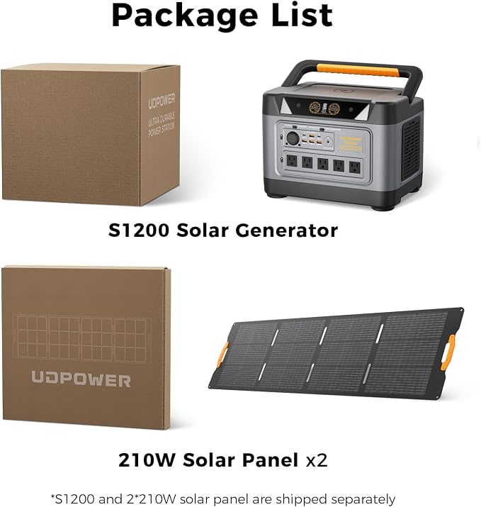UDPOWER S1200 Solar Generator with 420W Panel, 1190Wh LiFePO4, 1200W (Surge 1800W) UPS, 1.5H Fast Charge, for Home Backup Outdoor RV Emergency