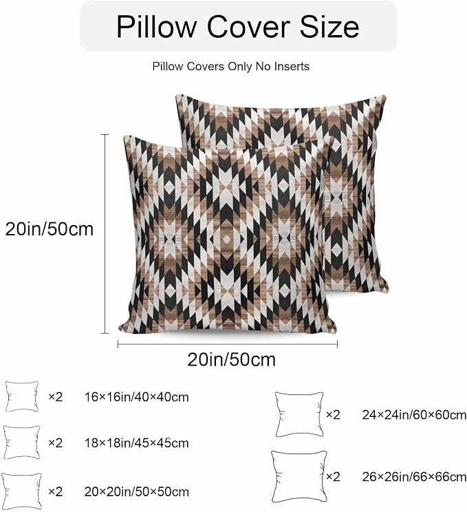 Brown Black Outdoor Pillow Cover 16x16 Inch Cushion Sham Case, Waterproof Decorative Square Throw Pillowcase for Outside Garden Patio Porch Couch Chair Tent Moroccan Southwestern Aztec Abstract Boho