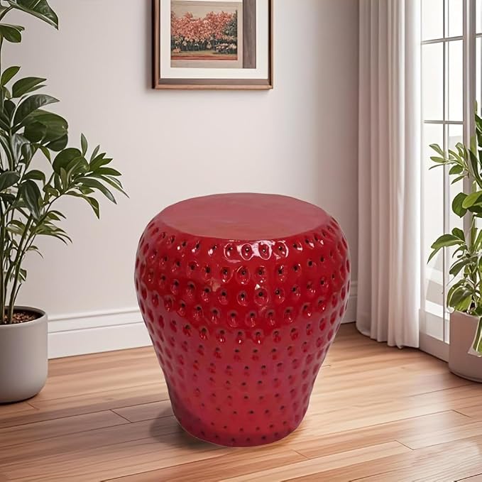 Garden Side Table, Outdoor Plant Stand,Tropical Art Deco Resin Decorative Furniture, 13.4 Inch Multi-Purpose Novelty Ornament for Patio Poolside Indoor Outdoor Home Garden Decor (Strawberry)
